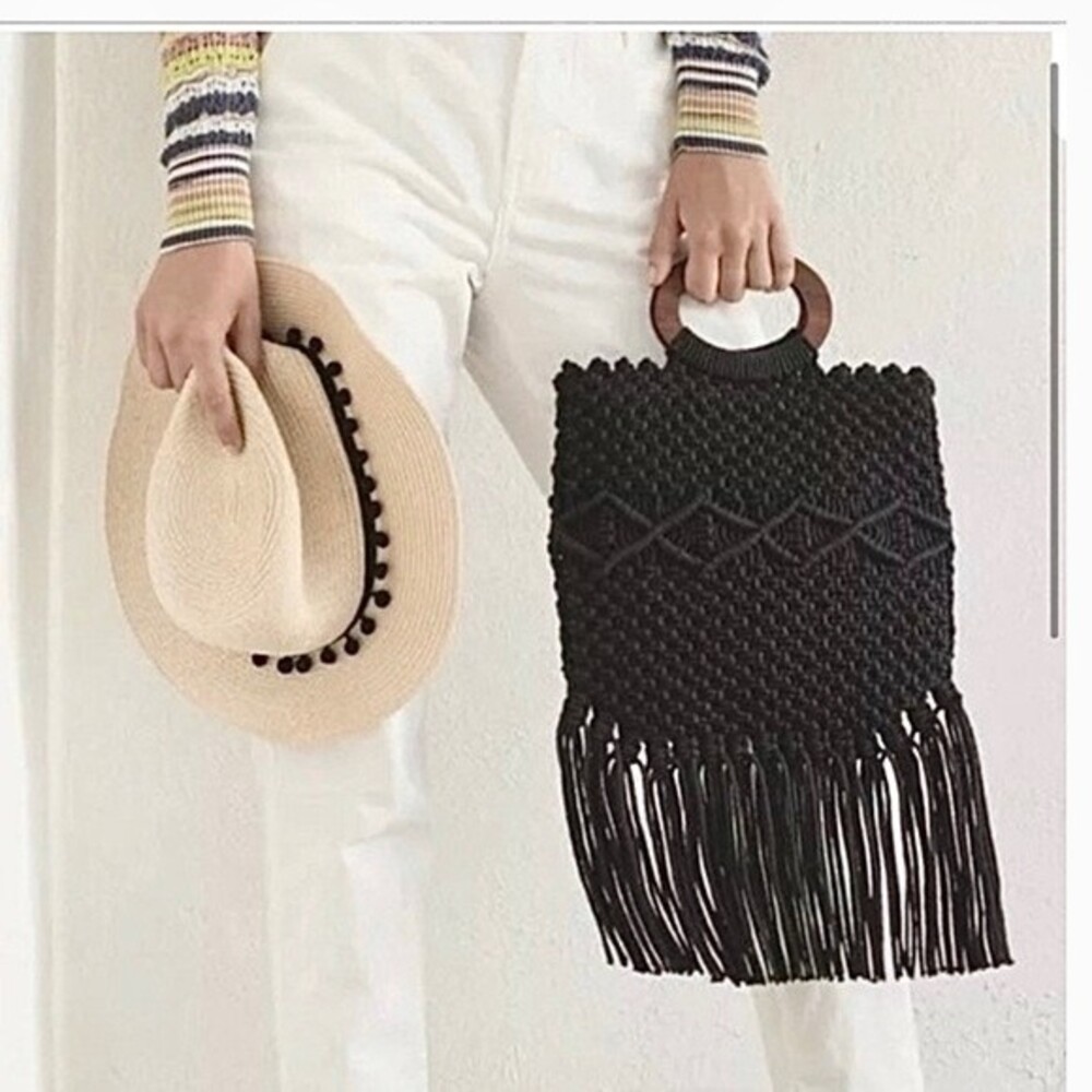 Danielle Nicole Crossbody Convertible Crochet Fringe Bag Handcrafted Black and T